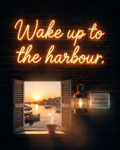Example post. Wake up to the harbour: a neon sign.